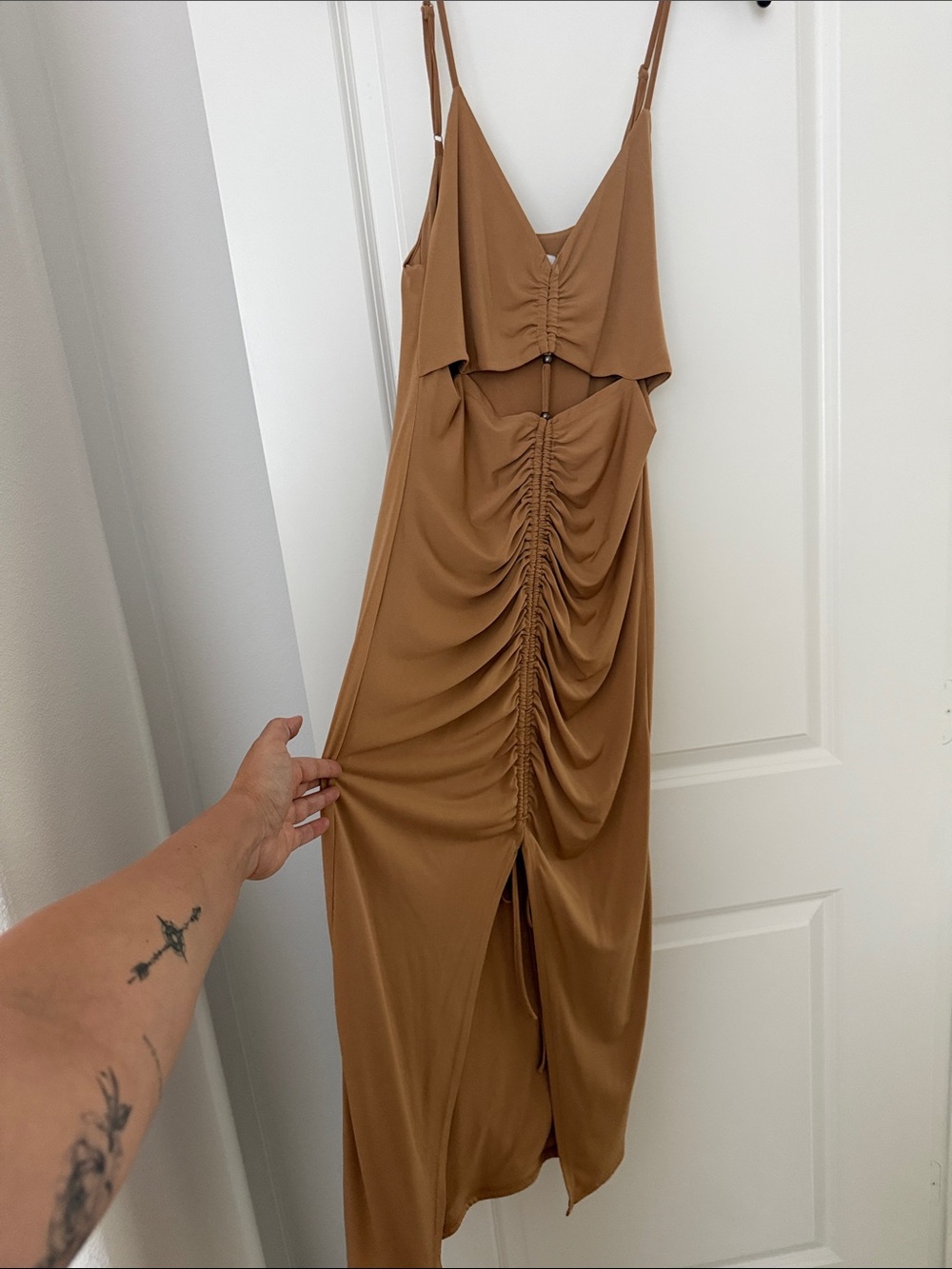 Ruched Camel Maxi Dress with Adjustable Straps